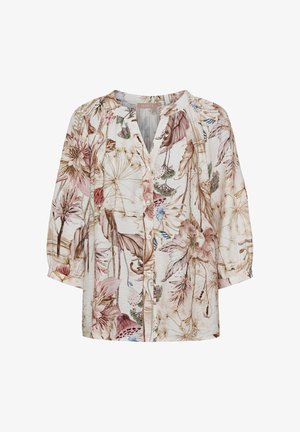 Let bluse med knapper foran, 3/4 pufærmer og et botanisk blomsterprint i afdæmpede rosa, beige og grønne nuancer på hvid baggrund.