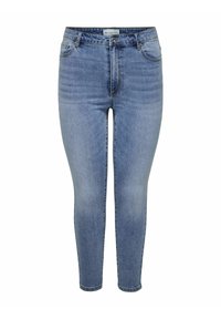 Lieknos džinsai iš šviesiai mėlynos denimo, su penkiomis kišenėmis, prigludusia forma ir subtiliu siuvinėjimu prie siūlių.