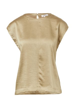 Haut en satin beige clair avec un col rond, des manches courtes et un détail clé au dos. Texture lisse avec une coupe légèrement drapée.
