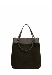 Bruine suède schoudertas met een getextureerd leren bovenpaneel, dubbele handvatten en metalen hardwareaccenten. Eenvoudige, moderne rechthoekige vorm.