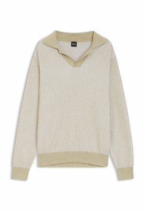 Maglione beige chiaro a coste con maniche lunghe, scollo a V e collo ampio, polsini e orlo a coste, con etichetta "BOSS" all'interno del collo.