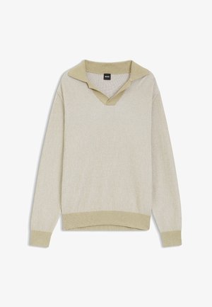 Maglione beige chiaro a coste con maniche lunghe, scollo a V e collo ampio, polsini e orlo a coste, con etichetta "BOSS" all'interno del collo.