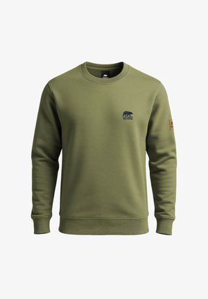 Olijfgroene sweatshirt gemaakt van zachte stof, met een ronde hals, ribgebreide manchetten en een klein berenlogo op de borst en mouw.