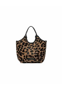 Tasje met luipaardprint, afgewerkt met een zachte, textuur en zwarte leren accenten, voorzien van dubbele handvatten. Heeft een ritsluiting en branding aan de voorkant.