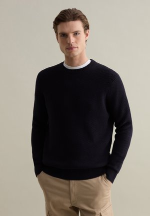 Marineblauer Strickpullover mit strukturiertem Oberflächen, Rundhalsausschnitt sowie gerippten Bündchen und Saum, kombiniert mit hellbeigen Cargo-Hosen.