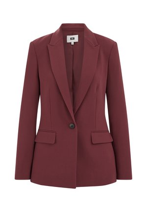 Burgundský blazer vyrobený z hladké tkaniny, který má jeden knoflík, klopové límce, dvě přední kapsy a přiléhavý střih.