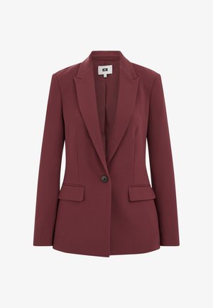 Blazer bordeaux en tissu lisse, doté d'un bouton unique, de revers crantés, de deux poches avant et d'une coupe ajustée.