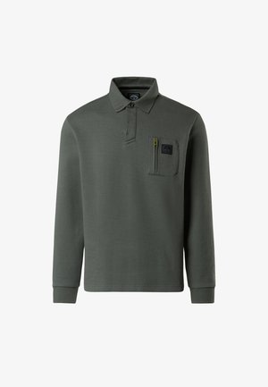 Dunkelgrünes Langarm-Polohemd aus strukturiertem Stoff. Mit einem Knopfkragen, einer Brusttasche mit gelbem Reißverschluss und gerippten Bündchen.