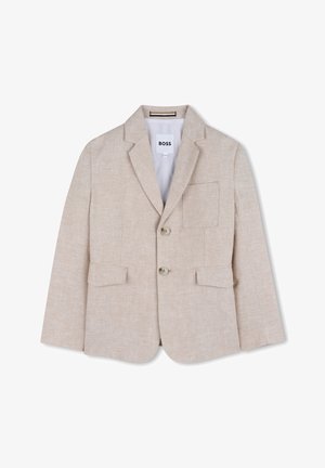 Beige to-knapps blazer med hakket slag, tre frontlommer og "BOSS"-etikett på innsiden av kragen, lagt flatt på hvit bakgrunn.