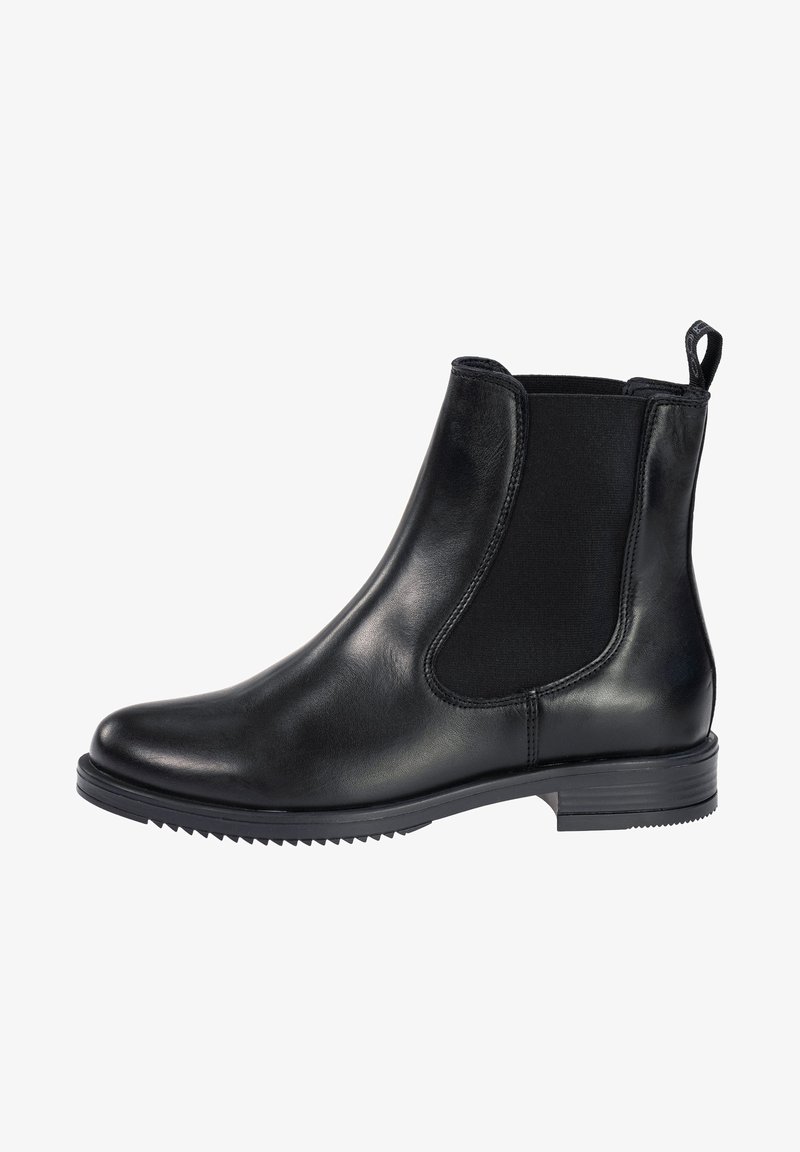 Bottine en cuir noir avec panneaux latéraux élastiques, languette de traction, bout arrondi et semelle en caoutchouc texturée. Finition lisse sans aucune pièce métallique visible.