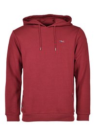 Czerwona bluza z kapturem z kieszenią z przodu, sznurkami do regulacji i małym logo na klatce piersiowej. Miękki materiał z prążkowanymi mankietami i dołem.
