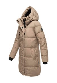 Chaqueta de plumas beige con capucha, que presenta secciones cosidas, detalles en negro y dos bolsillos laterales. Fabricada con material suave y ligero.