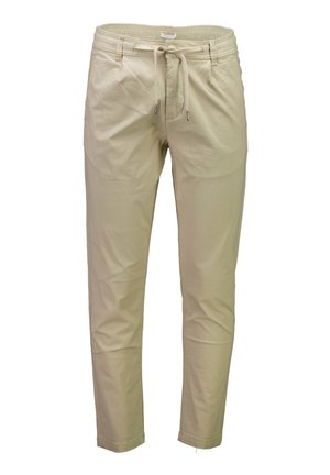 Beige katoenen broeken met een trekkoord in de taille, taps toelopende pasvorm, zijzakken en een gladde textuur. Geen zichtbare patronen of hardware.