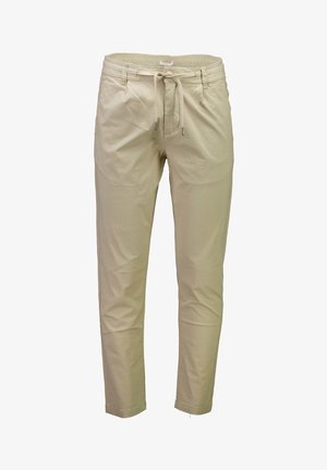 Beige katoenen broeken met een trekkoord in de taille, taps toelopende pasvorm, zijzakken en een gladde textuur. Geen zichtbare patronen of hardware.