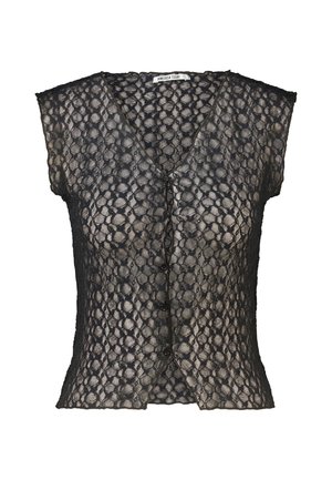 Zwarte kanten blouse met korte mouwen met een bloemrijk cirkelpatroon, V-hals en knoopsluiting aan de voorkant, gelabeld America Today.