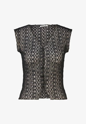 Zwarte kanten blouse met korte mouwen met een bloemrijk cirkelpatroon, V-hals en knoopsluiting aan de voorkant, gelabeld America Today.