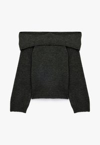 Czarny sweter dzianinowy z odsłoniętymi ramionami w ciemnoszarym kolorze, z długimi rękawami, prążkowanymi mankietami i kołnierzem, o miękkiej fakturze i skróconym kroju.