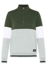 Groene en grijze sweatshirt met een hoge kraag, half rits, kleurblokkering met witte en groene accenten, en geribbelde manchetten.