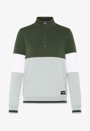 Grøn og grå sweatshirt med høj krave, halv lynlås, farveblokeret design med hvide og grønne accenter samt ribbede manchetter.