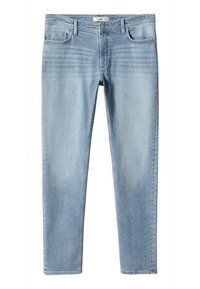 Vaaleansiniset farkut suoralla lahjemallilla, viisi taskua, hienovarainen haalistuma ja vetoketjulla varustettu etukiinnitys. Klassiset ompelutiedot.