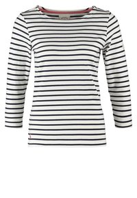 T-shirt à manches longues, col rond en blanc avec des rayures horizontales bleues marine. Fabriqué en tissu doux, il présente un petit logo brodé sur l'ourlet.