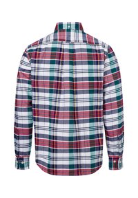 Lange mouwen geruite blouse in wit, rood, groen en marineblauw, met een button-down kraag en manchet, gekenmerkt door een gemengd ruitpatroon.