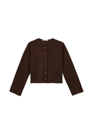 Bruine cropped cardigan met lange mouwen, ronde hals en zes knopen aan de voorkant, afgebeeld op een witte achtergrond.