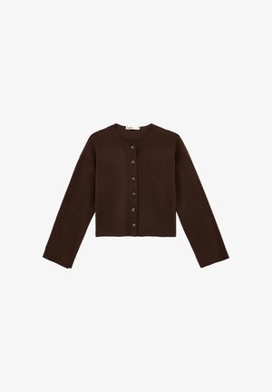 Braunes, langärmliges, kurzes Cardigan mit rundem Ausschnitt und sechs vorderen Knöpfen, auf weißem Hintergrund dargestellt.