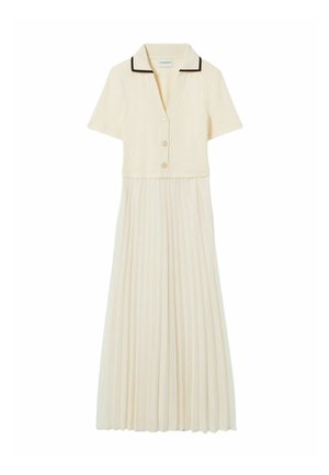 Vestido corto de manga corta de color crema con parte superior de cuello en V abotonada, cuello con ribete negro y falda larga plisada.