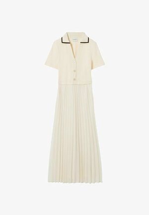 Vestido corto de manga corta de color crema con parte superior de cuello en V abotonada, cuello con ribete negro y falda larga plisada.