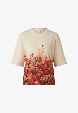 Cremefarbenes kurzärmeliges T-Shirt mit Rippstruktur, versehen mit einem floralen Druck in Rot und Beige am Saum, Rundhalsausschnitt, lässige Passform.