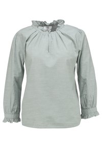 Light green long-sleeve blouse with a ruffled neckline and cuffs. Features a keyhole opening at the front and soft texture.