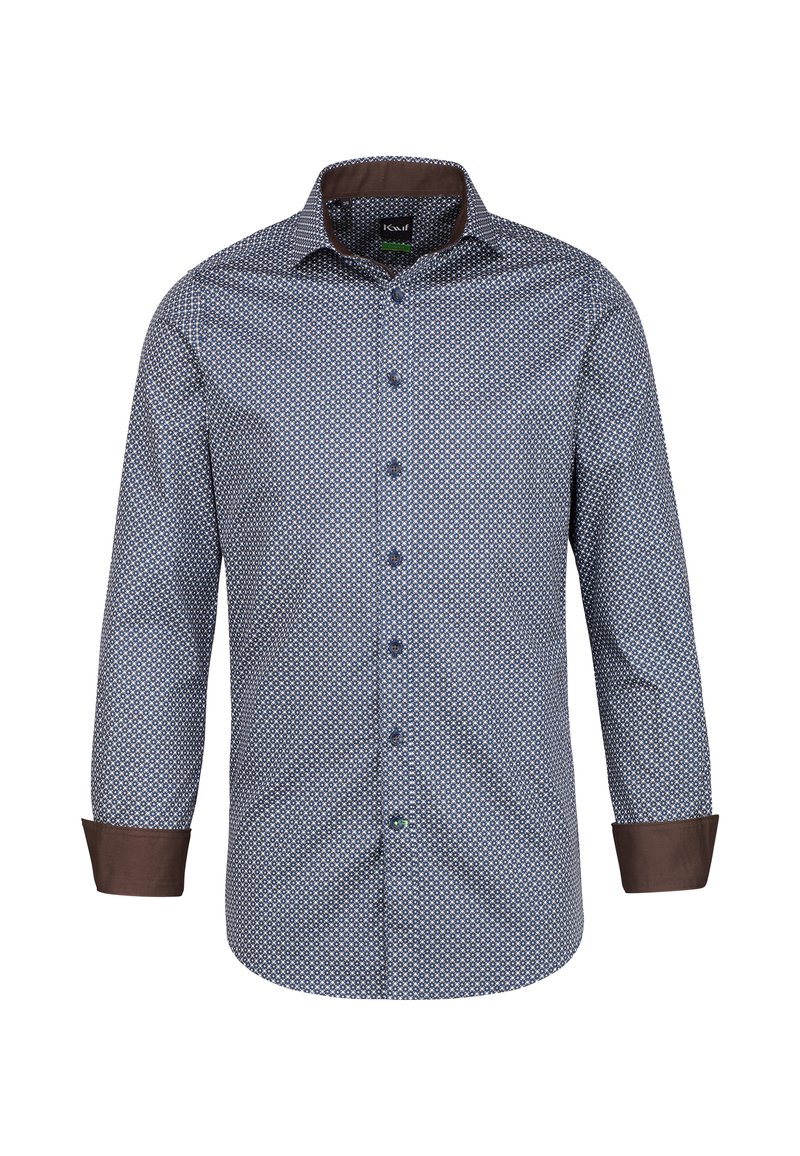 Camicia a maniche lunghe di colore blu navy con un motivo geometrico. Accenti marroni sui polsini e sul colletto. Chiusura frontale con bottoni abbinati.