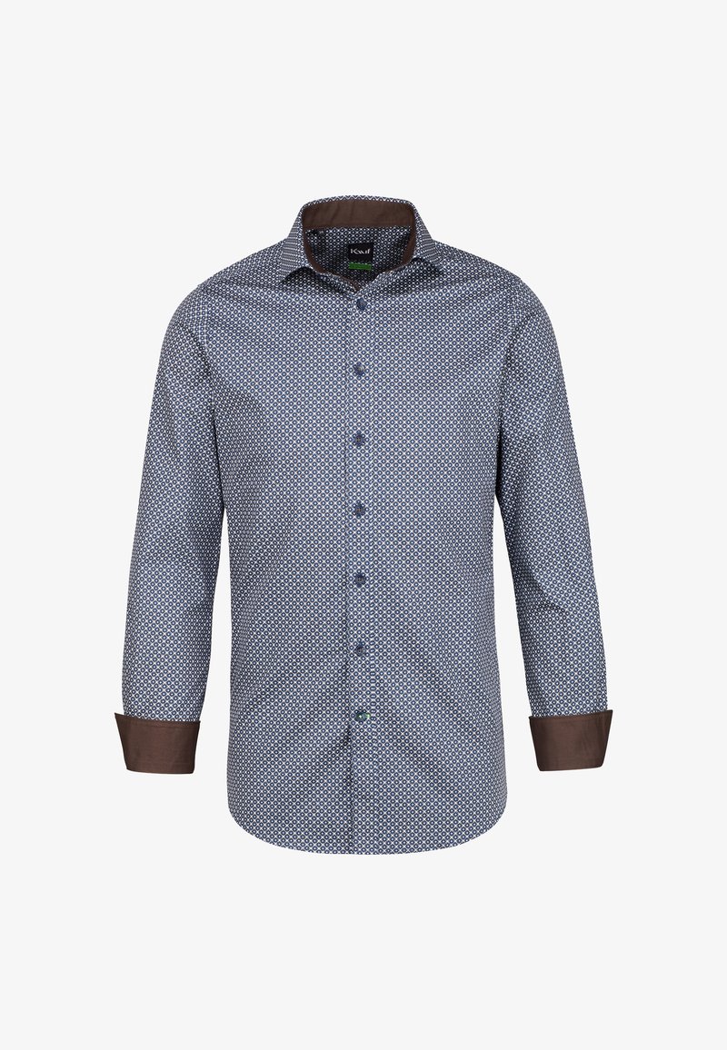Camicia a maniche lunghe di colore blu navy con un motivo geometrico. Accenti marroni sui polsini e sul colletto. Chiusura frontale con bottoni abbinati.