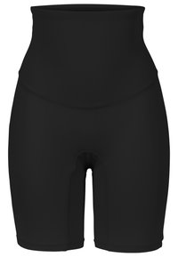 Pantaloni shorts neri in spandex a vita alta con una texture liscia, caratterizzati da un taglio alla ginocchia e senza hardware o dizioni visibili.