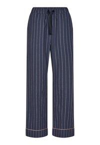 Navy striped trousers with an elastic waistband and drawstring, featuring a loose fit and light brown accent stitching at the hem.