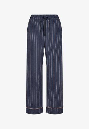 Marine-stribede bukser med elastisk liv og snor, der har en løs pasform og lys brun dekorativ syning ved kanten.