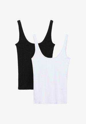 Zwei ärmellose Tanktops, eines schwarz hinter einem weißen, beide mit rundem Ausschnitt, auf weißem Hintergrund dargestellt.