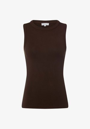Sleeveless ribbed dark brown knit top with round neckline and small brand label at back collar.