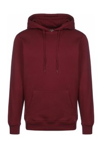 Sweat à capuche bordeaux en tissu doux, doté d'une poche avant, de cordons de serrage et de poignets côtelés au bas et aux manches.