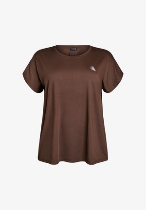 Brun kortærmet t-shirt med rund hals, prydet med et lille hvidt abstrakt mønster på venstre bryst. Lavet af blød, glat stof.