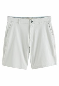 Shorts grii deschis realizate dintr-un material neted. Au un fermoar la zip, închidere cu nasture și două buzunare laterale. Design simplu, neîmpodobit.