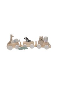 Train en bois avec quatre wagons, comportant des figurines d'animaux : girafe, éléphant, zèbre, ours et crocodile, dans des couleurs douces et en bois naturel.