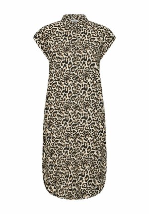 Leoparda raksta krekla kleita ar īsām piedurknēm, pogu priekšpusi un noapaļotu apakšmalu. Izgatavota no mīksta auduma ar gaiši bežīgu un melnu rakstu.