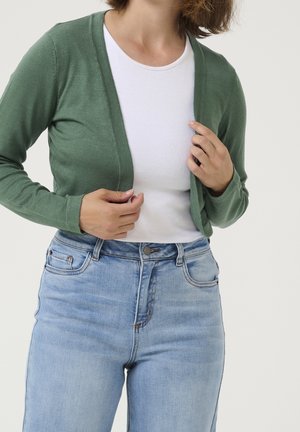 Kobieta ubrana w jasnoniebieskie dżinsy, biały prążkowany t-shirt i zielony cardigan z otwartym przodem, trzyma krawędzie cardigana obiema rękami.