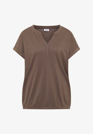 Blouse marron à manches courtes avec encolure en V fendue, poignets retroussés et ourlet élastique, étiquetée « Cecil ».