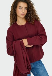 Bordeaux oversized sweatshirt med rund halsudskæring og lange ærmer. Blød tekstur, enkelt design, båret over et par blå jeans.