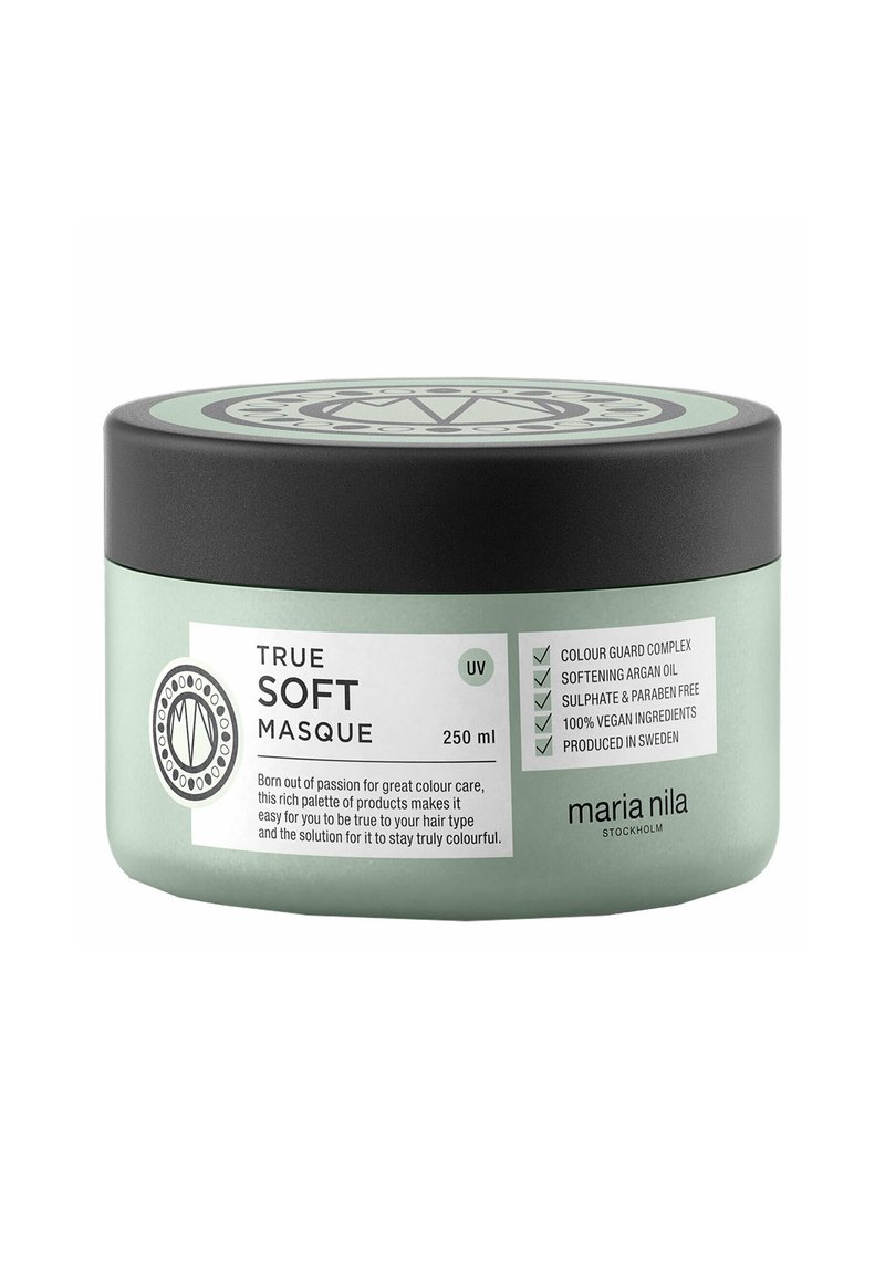 Barattolo verde di maschera per capelli con coperchio nero. L'etichetta mostra "True Soft Masque," 250 ml, vegana, senza solfati, con design floreale e icone.