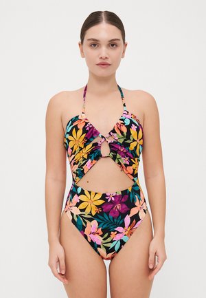 One-piece swimsuit in multi-colored floral pattern. Features a halter neck, cut-out midsection, and high-waisted bottom design.