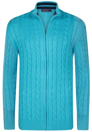 Pull zippé en maille torsadée bleu clair avec poignets et ourlet côtelés, avec un col intérieur rayé noir et bleu.